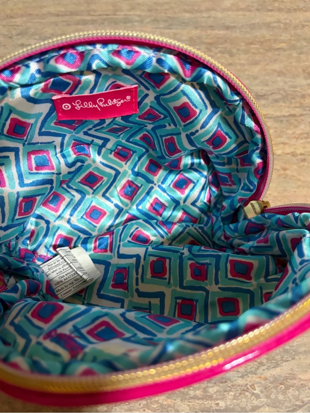 Lilly Pulitzer Pink Turquoise Patterned Cosmetic Pouch with Pineapple Zipper tag